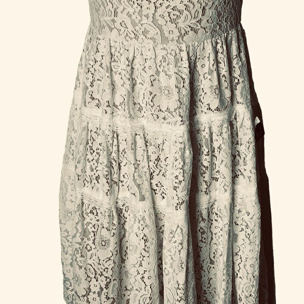 NWT Lulu's Size XS Midi Dress Nude Lining Tiered Floral Lace Off Shoulder Prom - Picture 7 of 13